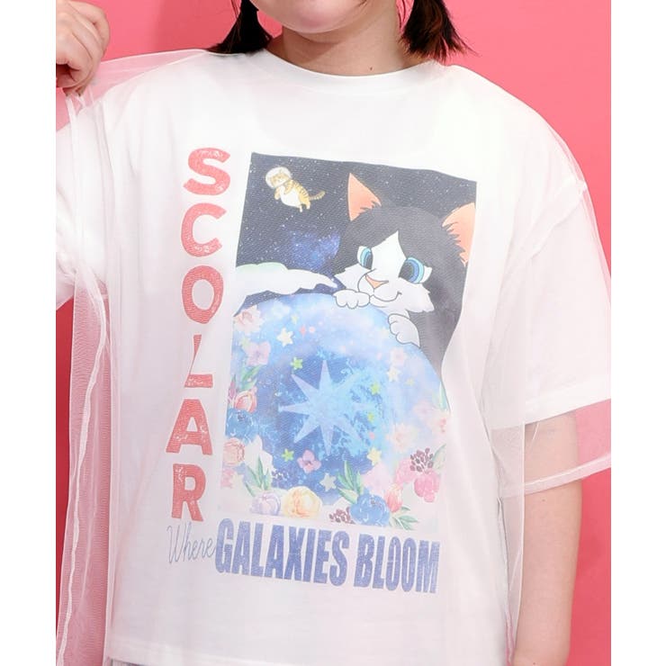 ネコ宇宙柄 チュール重ねTシャツ | ScoLar | 詳細画像5 