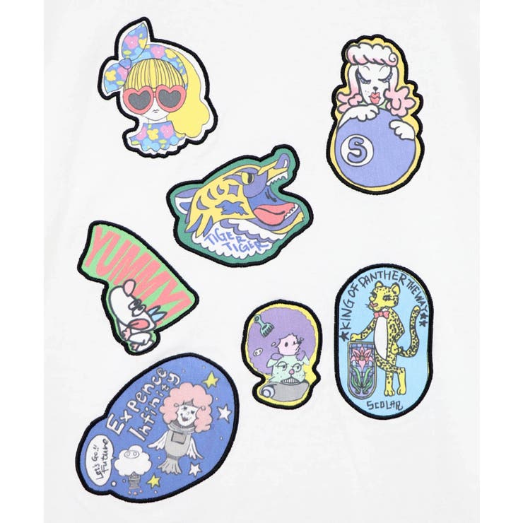 オフホワイト | ポップレトロ調 ワッペン風バック刺繍アップリケTシャツ | ScoLar