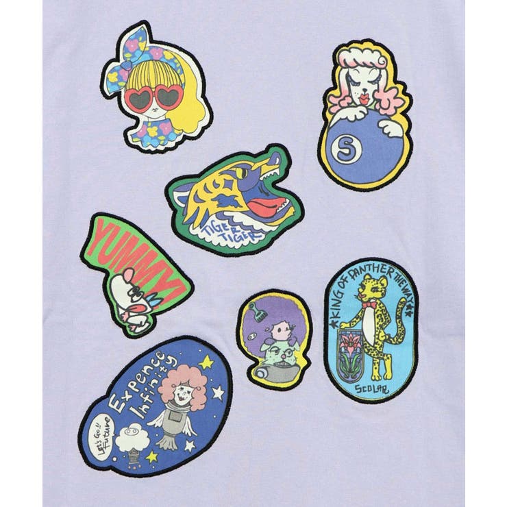 パープル | ポップレトロ調 ワッペン風バック刺繍アップリケTシャツ | ScoLar