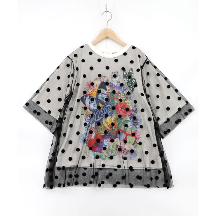 オフホワイト | ドットチュール重ねアート柄Tシャツ | ScoLar