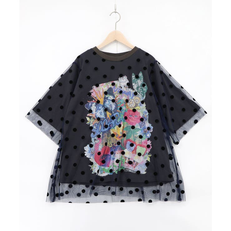 チャコールグレー | ドットチュール重ねアート柄Tシャツ | ScoLar