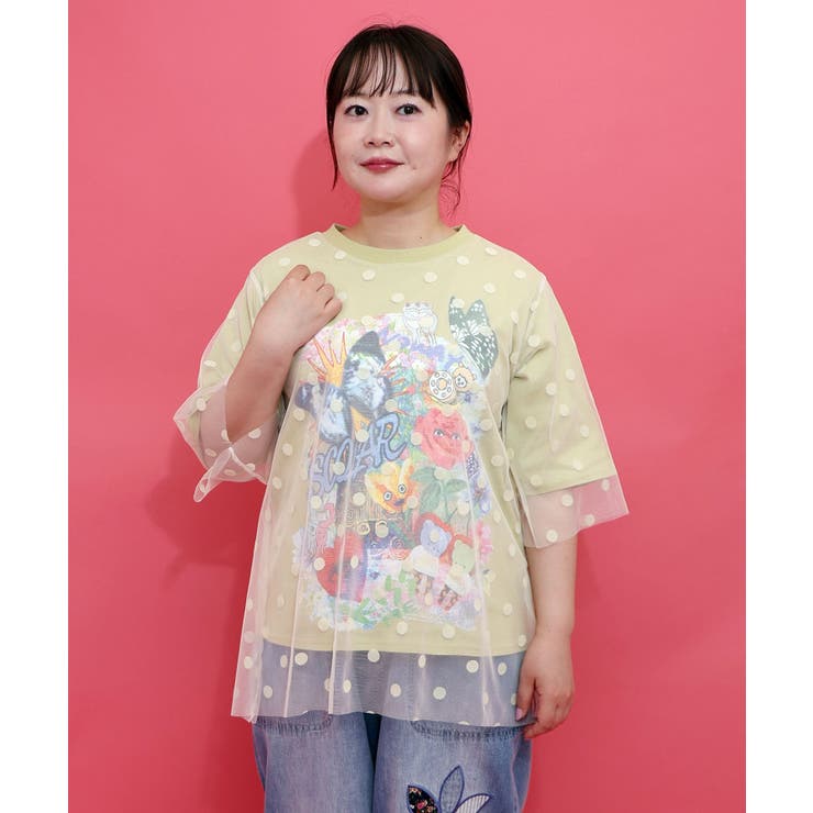 イエロー | ドットチュール重ねアート柄Tシャツ | ScoLar