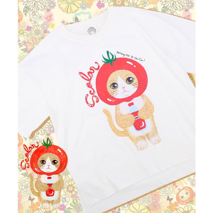 トマトにゃんこ柄プリントTシャツ | ScoLar | 詳細画像8 