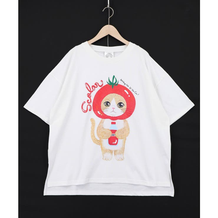 オフホワイト | トマトにゃんこ柄プリントTシャツ | ScoLar
