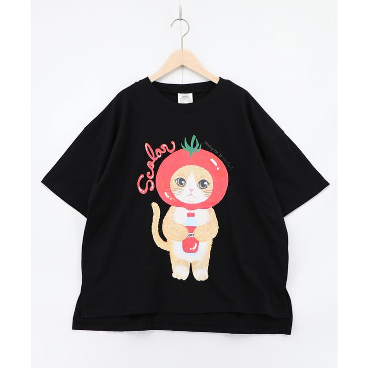 ブラック | トマトにゃんこ柄プリントTシャツ | ScoLar