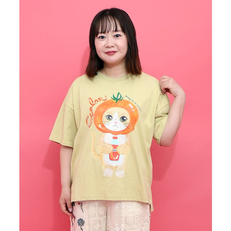 イエロー | トマトにゃんこ柄プリントTシャツ | ScoLar