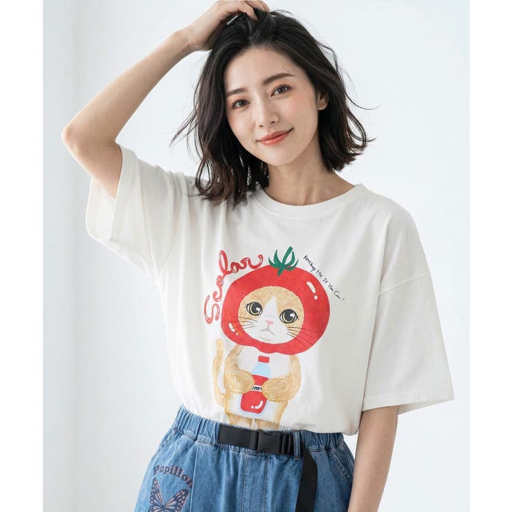 トマトにゃんこ柄プリントTシャツ | ScoLar | 詳細画像6 
