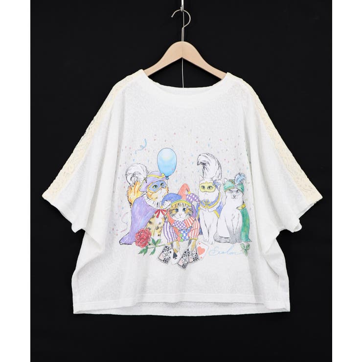 オフホワイト | 仮面舞踏会のネコ柄 ドルマンスリーブTシャツ | ScoLar