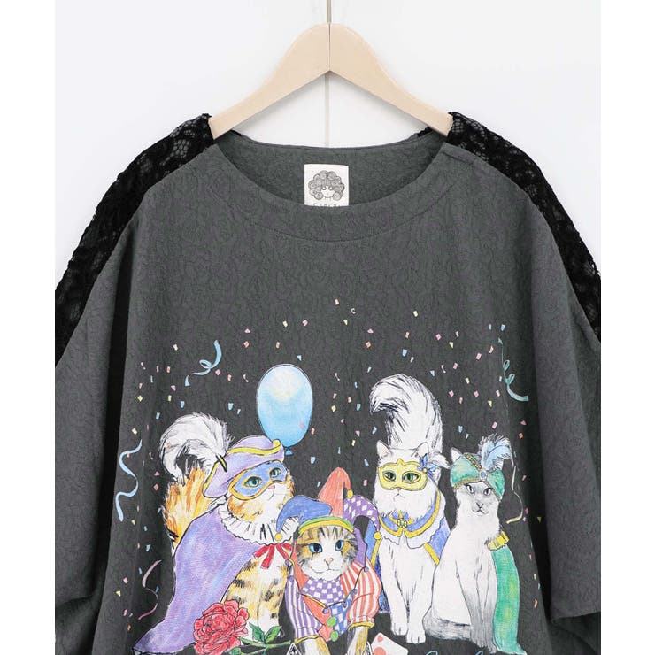 仮面舞踏会のネコ柄 ドルマンスリーブTシャツ | ScoLar | 詳細画像13 