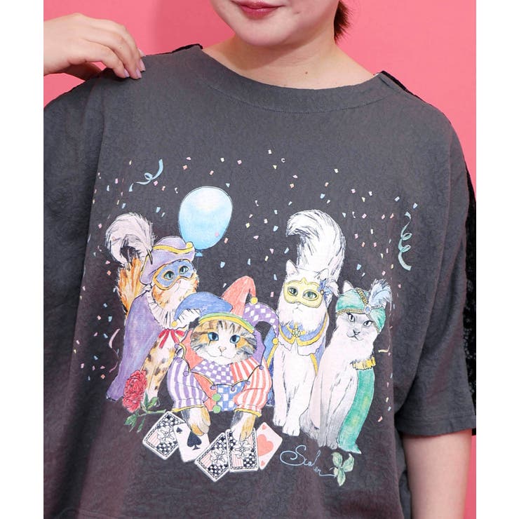 仮面舞踏会のネコ柄 ドルマンスリーブTシャツ | ScoLar | 詳細画像4 
