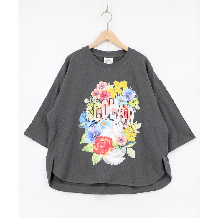 チャコールグレー | 花ネコ発泡プリント ローズジャガードTシャツ | ScoLar