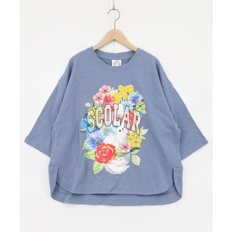 ブルー | 花ネコ発泡プリント ローズジャガードTシャツ | ScoLar