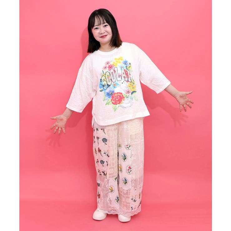 花ネコ発泡プリント ローズジャガードTシャツ | ScoLar | 詳細画像1 