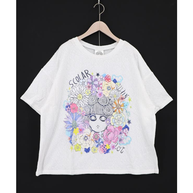 オフホワイト | 花に埋もれたスカラーちゃん ローズジャガードTシャツ | ScoLar