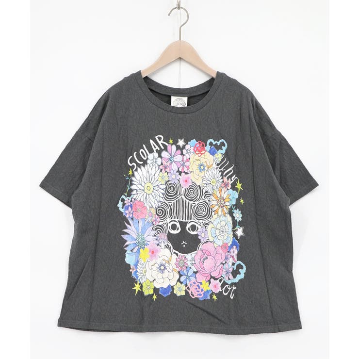 チャコールグレー | 花に埋もれたスカラーちゃん ローズジャガードTシャツ | ScoLar