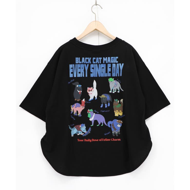 ブラック | ブラックキャットマジック柄 接触冷感Tシャツ | ScoLar