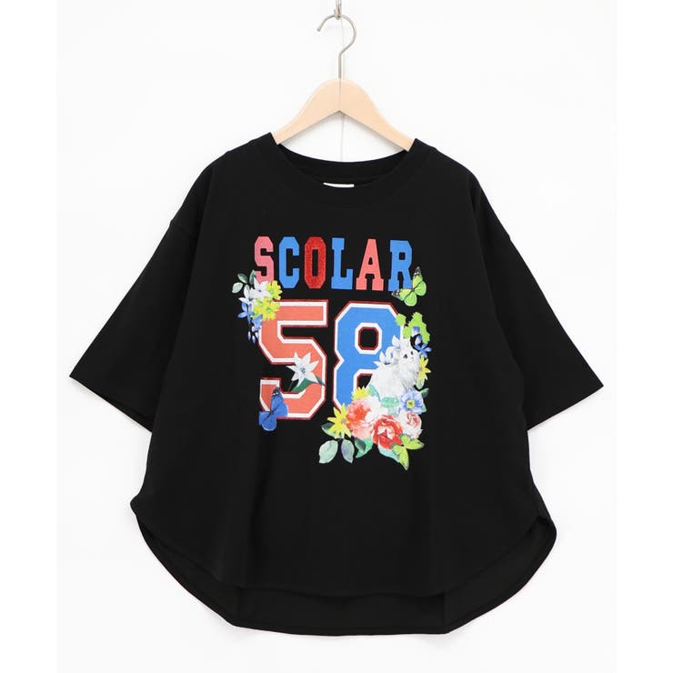 ブラック | 花ネコ×スカラーナンバー柄 接触冷感Tシャツ | ScoLar