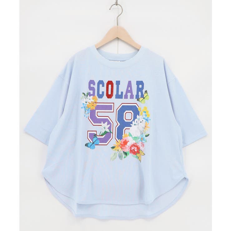 サックス | 花ネコ×スカラーナンバー柄 接触冷感Tシャツ | ScoLar