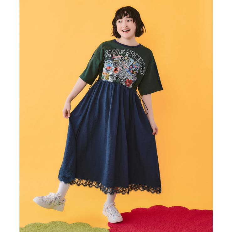 グリーン | レース付き アメリカン風スカラーちゃん配色ワンピース | ScoLar