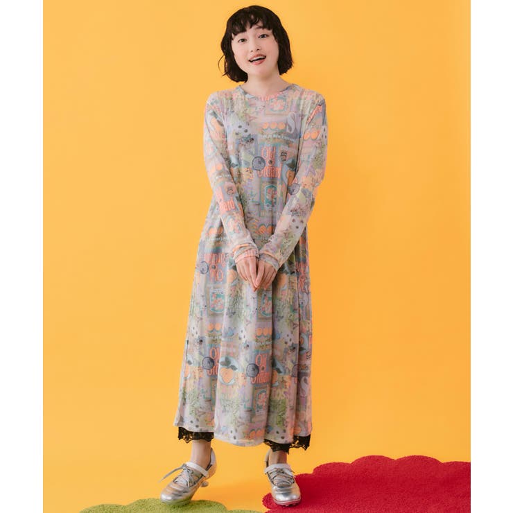 4柄展開 ロングスリーブソフトチュールワンピース | ScoLar | 詳細画像1 
