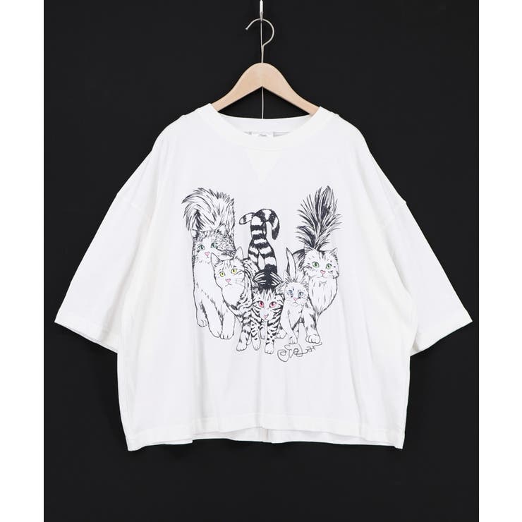 オフホワイト | にらめっこネコちゃん ワイドTシャツ | ScoLar