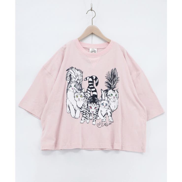 ピンク | にらめっこネコちゃん ワイドTシャツ | ScoLar