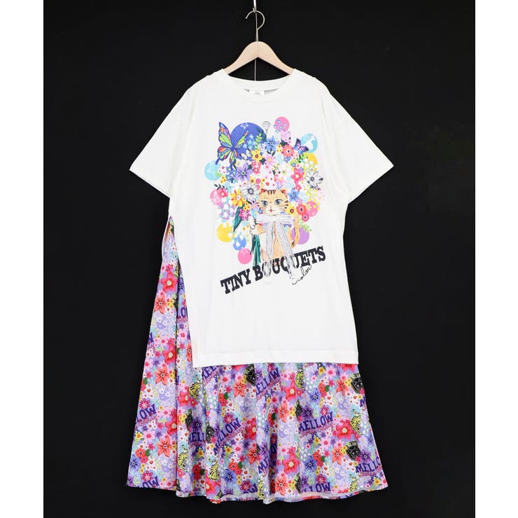 オフホワイト | レースリボン×花ネコプリント 花柄スリット切替ワンピース | ScoLar