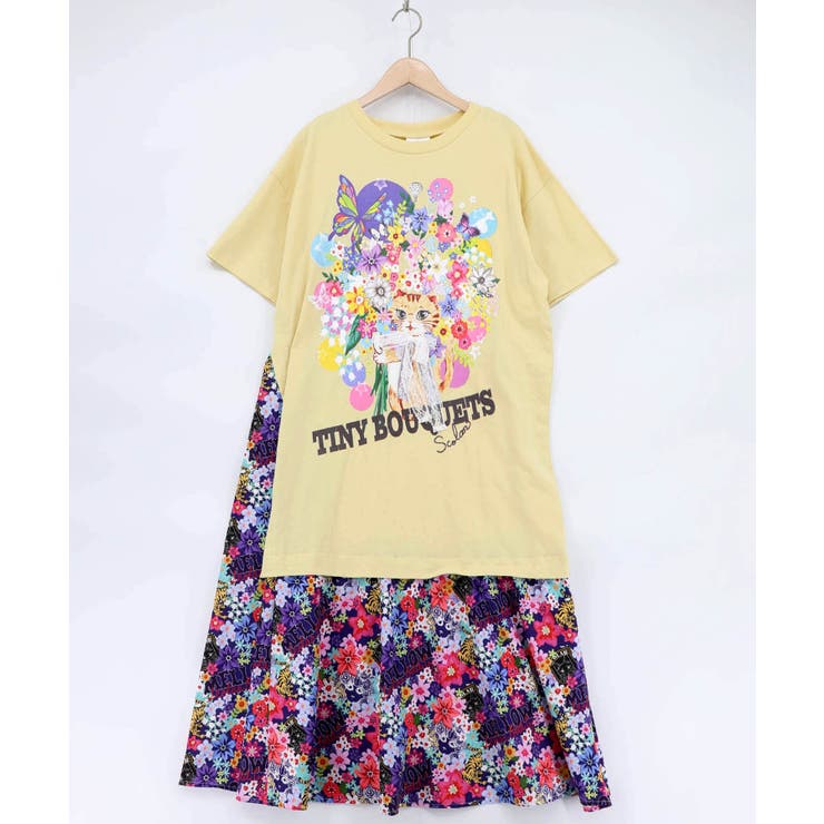 イエロー | レースリボン×花ネコプリント 花柄スリット切替ワンピース | ScoLar