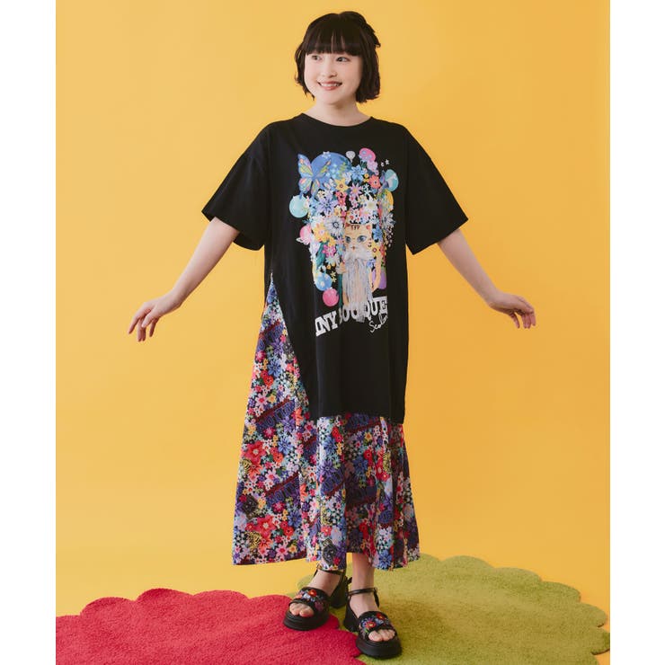ブラック | レースリボン×花ネコプリント 花柄スリット切替ワンピース | ScoLar