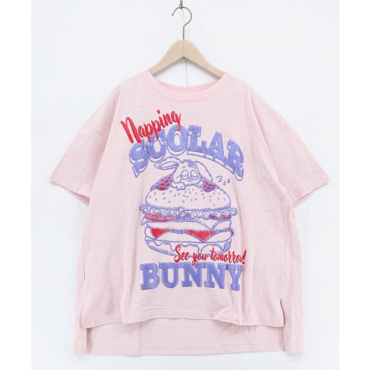 ピンク | お昼寝ウサギinスカラーバーガー柄Tシャツ | ScoLar