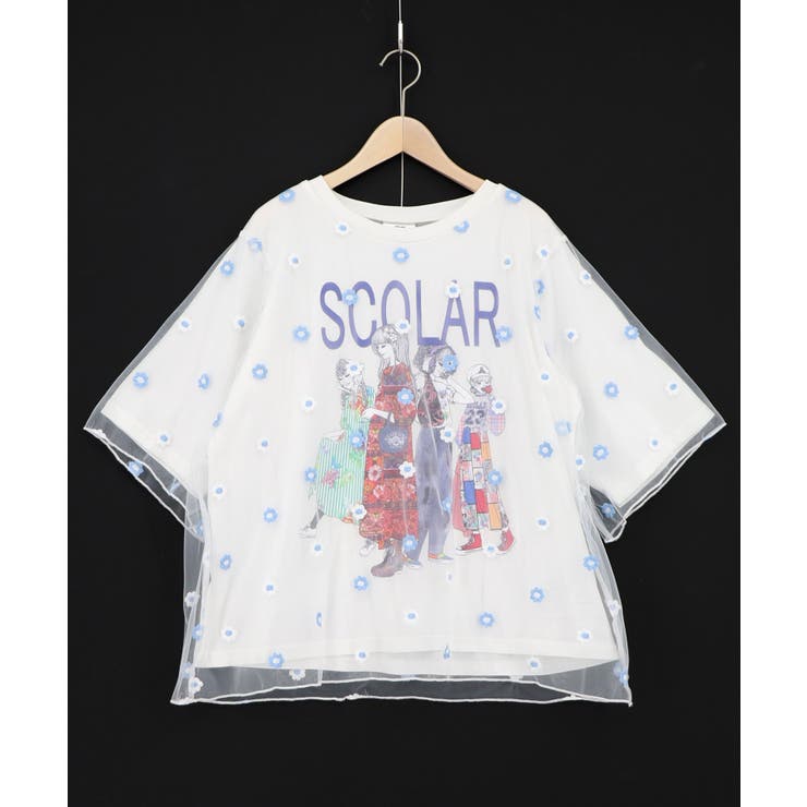 オフホワイト | スカラーガールズ 花刺繍チュール重ねTシャツ | ScoLar