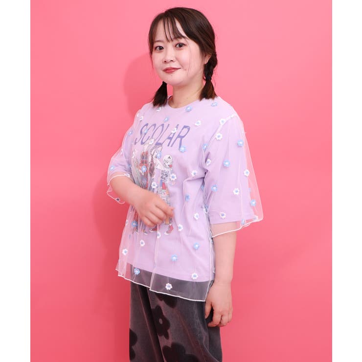 パープル | スカラーガールズ 花刺繍チュール重ねTシャツ | ScoLar