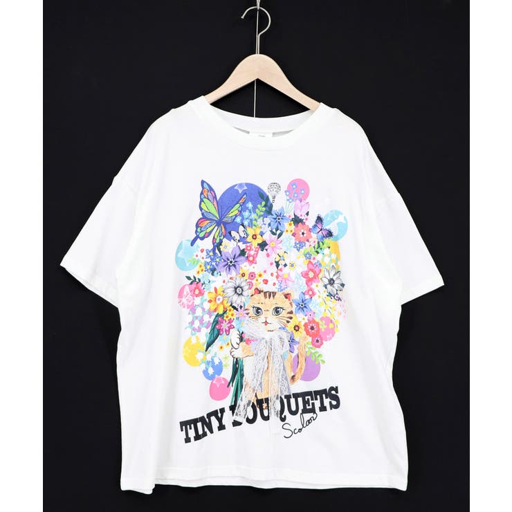 レースリボン付き 花ネコ柄Tシャツ | ScoLar | 詳細画像8 