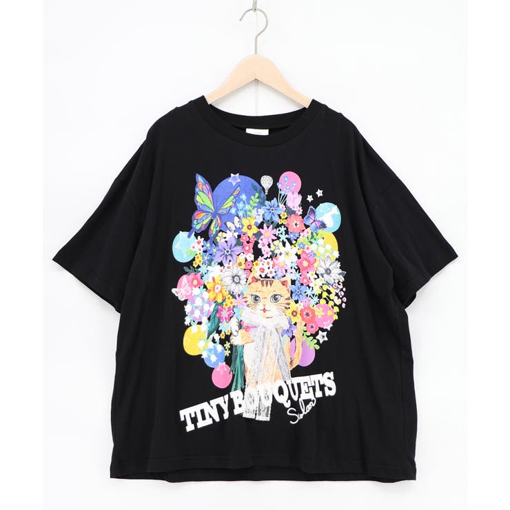 ブラック | レースリボン付き 花ネコ柄Tシャツ | ScoLar