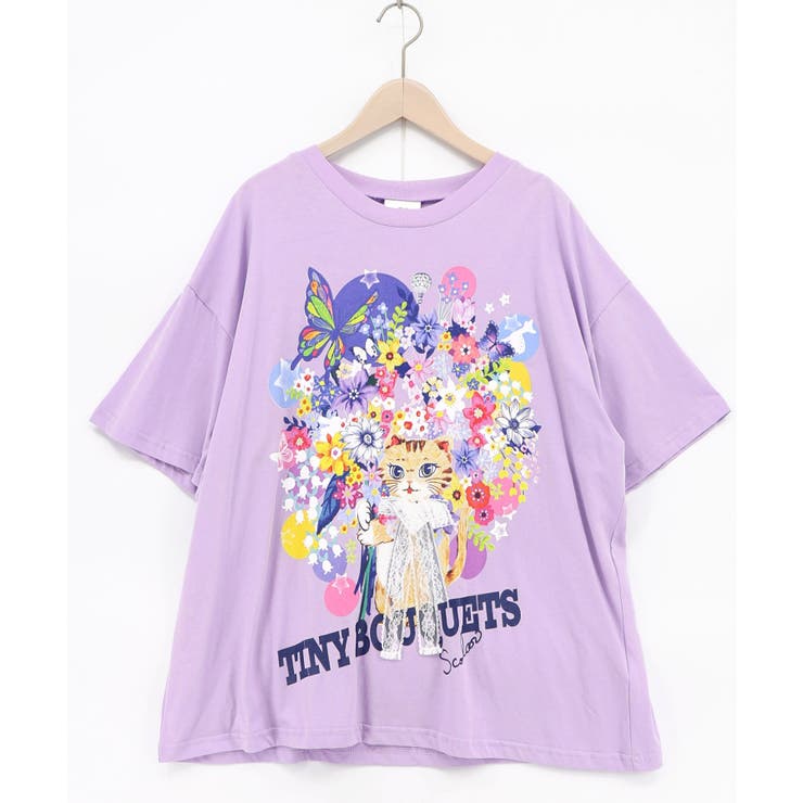 パープル | レースリボン付き 花ネコ柄Tシャツ | ScoLar