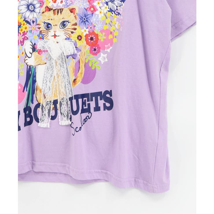 レースリボン付き 花ネコ柄Tシャツ | ScoLar | 詳細画像14 