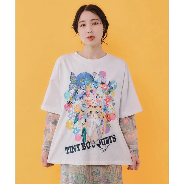 レースリボン付き 花ネコ柄Tシャツ | ScoLar | 詳細画像2 