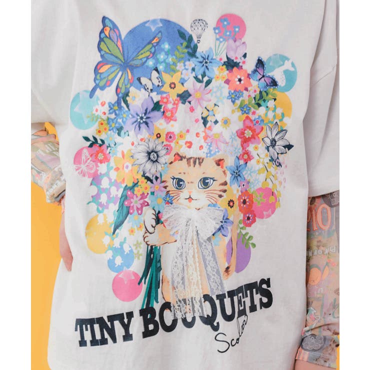 レースリボン付き 花ネコ柄Tシャツ | ScoLar | 詳細画像6 