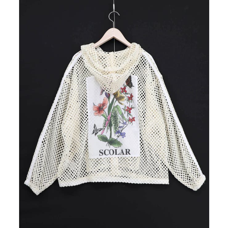 アイボリー | 熱帯花柄アップリケ付き ライン入りメッシュパーカー | ScoLar
