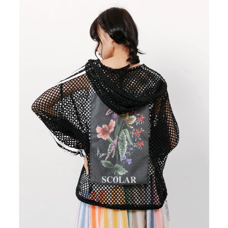 ブラック | 熱帯花柄アップリケ付き ライン入りメッシュパーカー | ScoLar