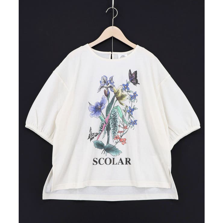 オフホワイト | 熱帯花柄 袖ギャザー入りTシャツ | ScoLar