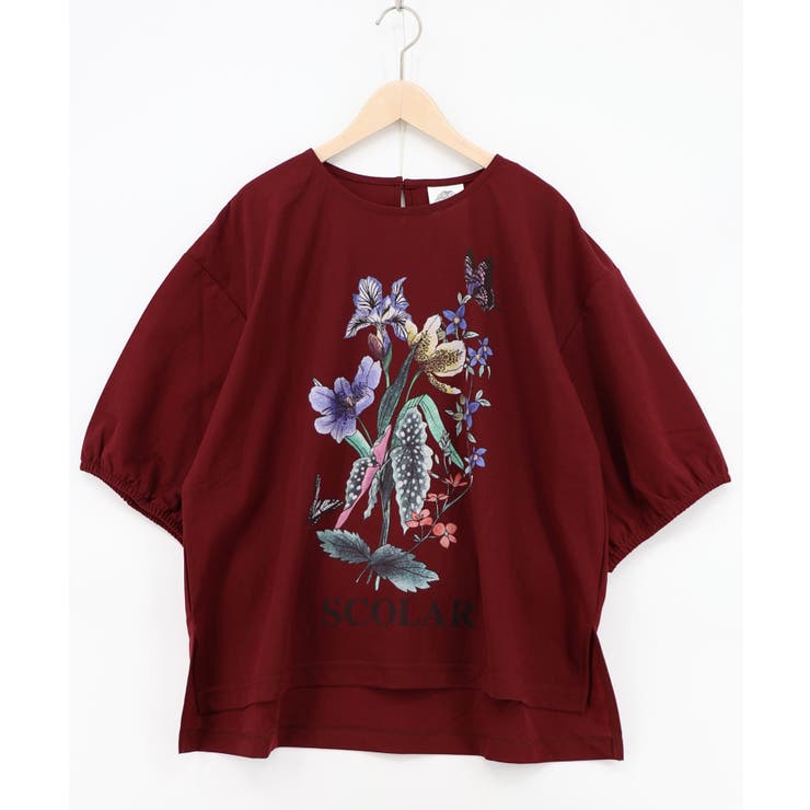 レッド | 熱帯花柄 袖ギャザー入りTシャツ | ScoLar