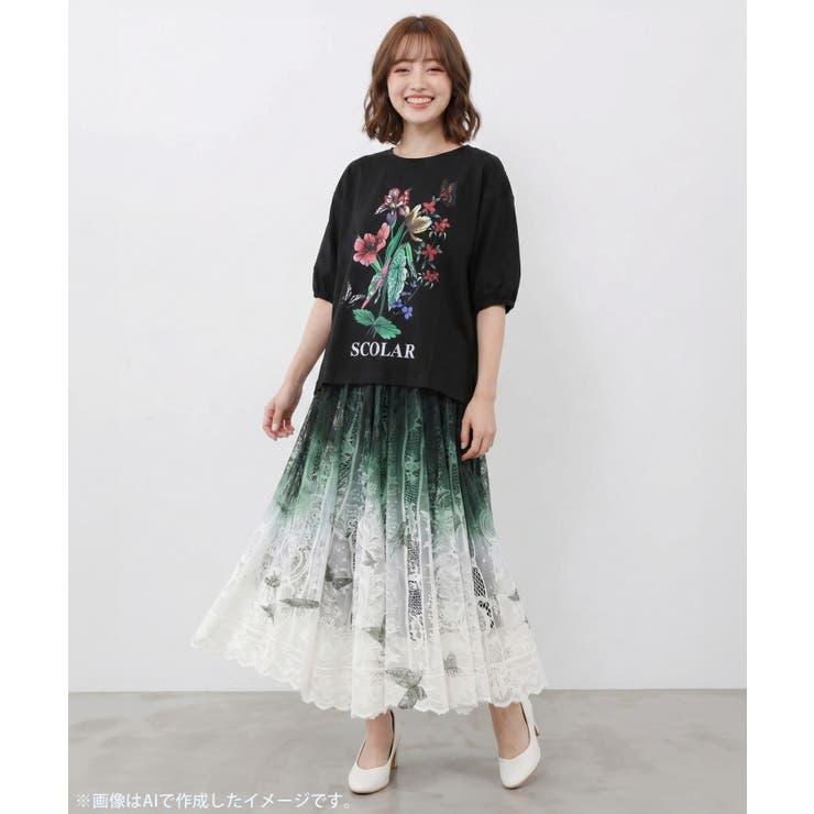 熱帯花柄 袖ギャザー入りTシャツ | ScoLar | 詳細画像1 