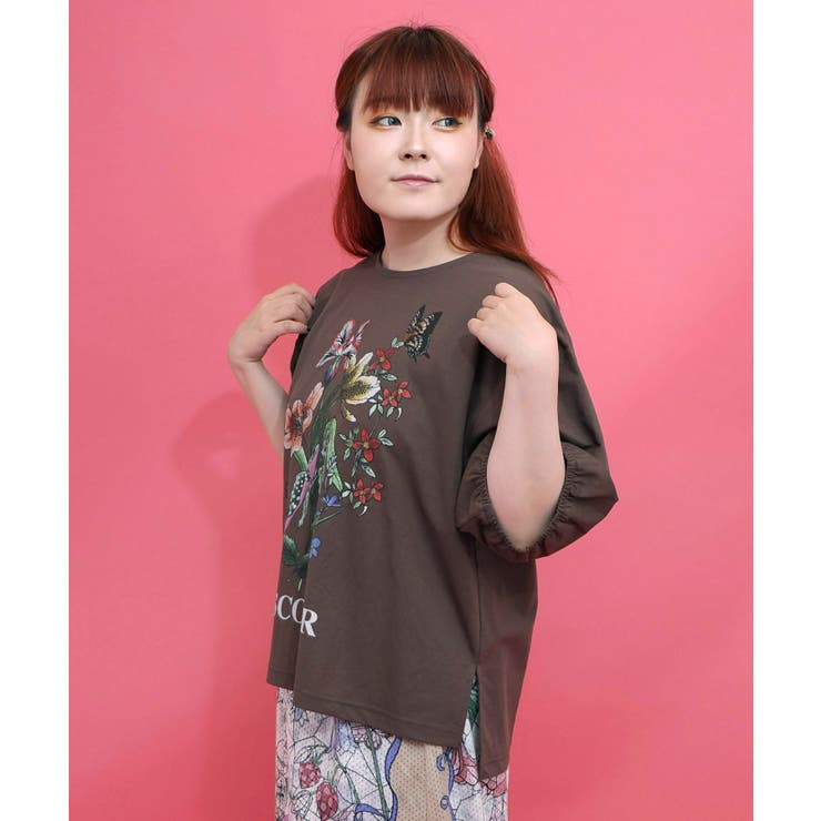 熱帯花柄 袖ギャザー入りTシャツ | ScoLar | 詳細画像3 