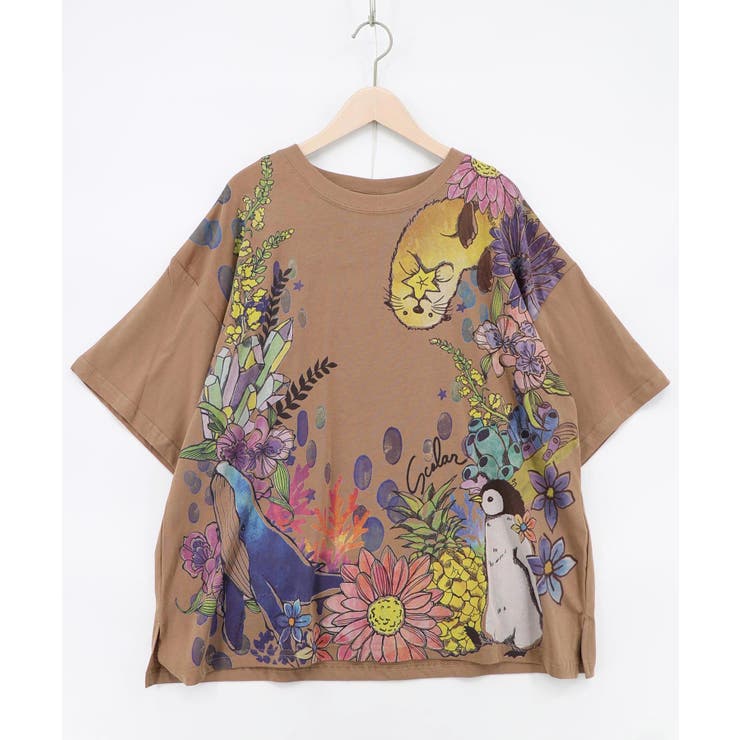 ブラウン | お花いっぱい水族館柄Tシャツ | ScoLar
