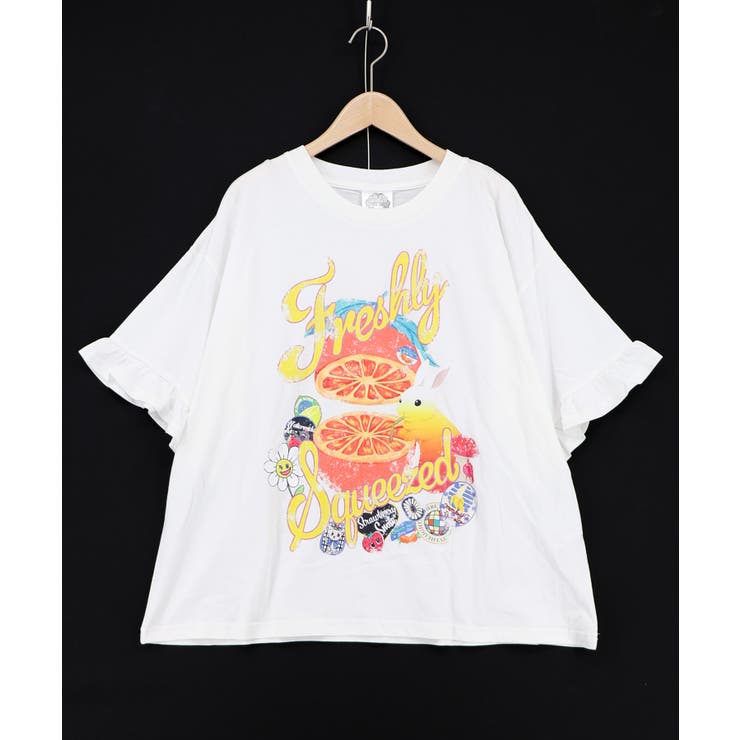 オフホワイト | オレンジ大好きうさぎ柄 フリル付きTシャツ | ScoLar