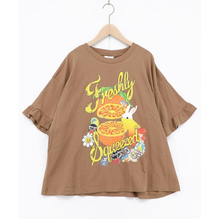 ブラウン | オレンジ大好きうさぎ柄 フリル付きTシャツ | ScoLar