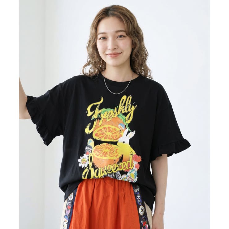 ブラック | オレンジ大好きうさぎ柄 フリル付きTシャツ | ScoLar