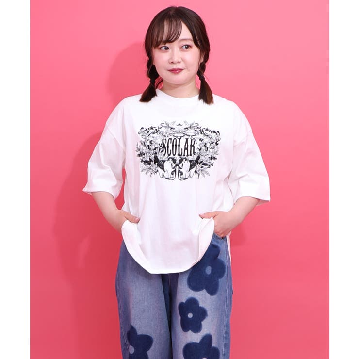 オフホワイト | ロゴ＆ネコ 刺繍Tシャツ | ScoLar