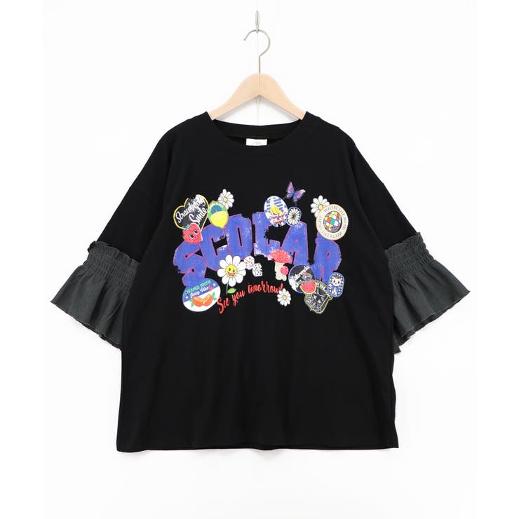 ブラック | フリル袖付き ポップロゴTシャツ | ScoLar